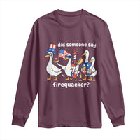 Funny Patriotic Duck Family 4th of July Fireworks Long Sleeve Shirt Did Someone Say Firequacker Word Pun Cute Graphic