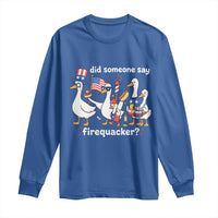 Funny Patriotic Duck Family 4th of July Fireworks Long Sleeve Shirt Did Someone Say Firequacker Word Pun Cute Graphic