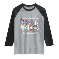 Funny Patriotic Duck Family 4th of July Fireworks Raglan Shirt Did Someone Say Firequacker Word Pun Cute Graphic