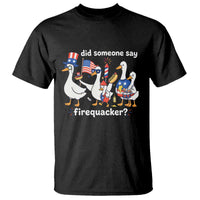Funny Patriotic Duck Family 4th of July Fireworks T Shirt Did Someone Say Firequacker Word Pun Cute Graphic