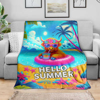 Hello Summer Highland Cow Floating Tropical Beach Throw Blanket Oasis Summer Vibes