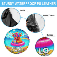 Hello Summer Highland Cow Floating Tropical Beach Spare Tire Cover Oasis Summer Vibes