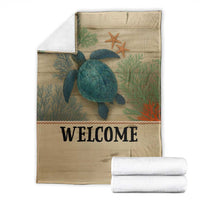 Welcome Sea Turtle Coastal Coral Wood Texture Ocean Throw Blanket