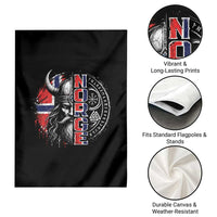 Fierce Norge Viking Warrior with Horned Helmet Graphic Garden Flag Norway Pride Distressed Norwegian Flag and Runes