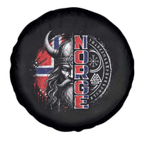 Fierce Norge Viking Warrior with Horned Helmet Graphic Spare Tire Cover Norway Pride Distressed Norwegian Flag and Runes