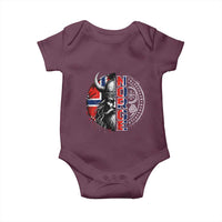 Fierce Norge Viking Warrior with Horned Helmet Graphic Baby Onesie Norway Pride Distressed Norwegian Flag and Runes