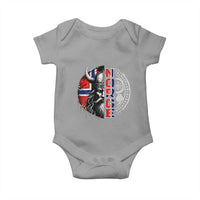 Fierce Norge Viking Warrior with Horned Helmet Graphic Baby Onesie Norway Pride Distressed Norwegian Flag and Runes