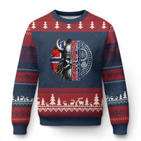 Fierce Norge Viking Warrior with Horned Helmet Graphic Ugly Christmas Sweater Norway Pride Distressed Norwegian Flag and Runes