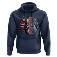 Fierce Norge Viking Warrior with Horned Helmet Graphic Hoodie Norway Pride Distressed Norwegian Flag and Runes