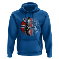 Fierce Norge Viking Warrior with Horned Helmet Graphic Hoodie Norway Pride Distressed Norwegian Flag and Runes