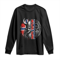 Fierce Norge Viking Warrior with Horned Helmet Graphic Long Sleeve Shirt Norway Pride Distressed Norwegian Flag and Runes