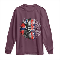 Fierce Norge Viking Warrior with Horned Helmet Graphic Long Sleeve Shirt Norway Pride Distressed Norwegian Flag and Runes