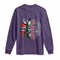 Fierce Norge Viking Warrior with Horned Helmet Graphic Long Sleeve Shirt Norway Pride Distressed Norwegian Flag and Runes