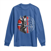 Fierce Norge Viking Warrior with Horned Helmet Graphic Long Sleeve Shirt Norway Pride Distressed Norwegian Flag and Runes