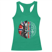 Fierce Norge Viking Warrior with Horned Helmet Graphic Racerback Tank Top Norway Pride Distressed Norwegian Flag and Runes