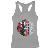 Fierce Norge Viking Warrior with Horned Helmet Graphic Racerback Tank Top Norway Pride Distressed Norwegian Flag and Runes