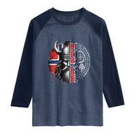 Fierce Norge Viking Warrior with Horned Helmet Graphic Raglan Shirt Norway Pride Distressed Norwegian Flag and Runes