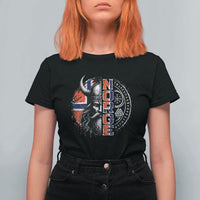 Fierce Norge Viking Warrior with Horned Helmet Graphic T Shirt For Women Norway Pride Distressed Norwegian Flag and Runes