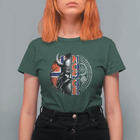 Fierce Norge Viking Warrior with Horned Helmet Graphic T Shirt For Women Norway Pride Distressed Norwegian Flag and Runes