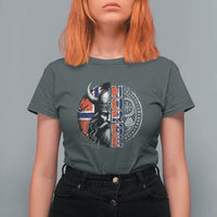 Fierce Norge Viking Warrior with Horned Helmet Graphic T Shirt For Women Norway Pride Distressed Norwegian Flag and Runes