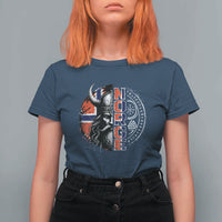 Fierce Norge Viking Warrior with Horned Helmet Graphic T Shirt For Women Norway Pride Distressed Norwegian Flag and Runes