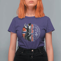 Fierce Norge Viking Warrior with Horned Helmet Graphic T Shirt For Women Norway Pride Distressed Norwegian Flag and Runes