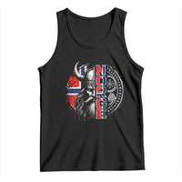 Fierce Norge Viking Warrior with Horned Helmet Graphic Tank Top Norway Pride Distressed Norwegian Flag and Runes