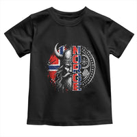 Fierce Norge Viking Warrior with Horned Helmet Graphic Toddler T Shirt Norway Pride Distressed Norwegian Flag and Runes