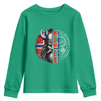Fierce Norge Viking Warrior with Horned Helmet Graphic Youth Sweatshirt Norway Pride Distressed Norwegian Flag and Runes
