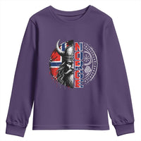 Fierce Norge Viking Warrior with Horned Helmet Graphic Youth Sweatshirt Norway Pride Distressed Norwegian Flag and Runes