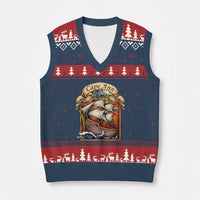 Cape Ann Vintage Nautical Sailing Ship Graphic V-Neck Knit Sweater Vest Retro Stained Glass Window Style Ocean Sunset Tall Ship