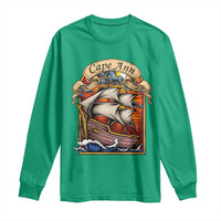 Cape Ann Vintage Nautical Sailing Ship Graphic Long Sleeve Shirt Retro Stained Glass Window Style Ocean Sunset Tall Ship