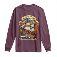 Cape Ann Vintage Nautical Sailing Ship Graphic Long Sleeve Shirt Retro Stained Glass Window Style Ocean Sunset Tall Ship