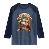 Cape Ann Vintage Nautical Sailing Ship Graphic Raglan Shirt Retro Stained Glass Window Style Ocean Sunset Tall Ship
