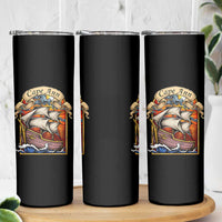 Cape Ann Vintage Nautical Sailing Ship Graphic Skinny Tumbler Retro Stained Glass Window Style Ocean Sunset Tall Ship