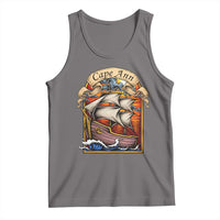 Cape Ann Vintage Nautical Sailing Ship Graphic Tank Top Retro Stained Glass Window Style Ocean Sunset Tall Ship