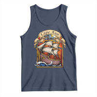 Cape Ann Vintage Nautical Sailing Ship Graphic Tank Top Retro Stained Glass Window Style Ocean Sunset Tall Ship