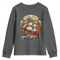 Cape Ann Vintage Nautical Sailing Ship Graphic Youth Sweatshirt Retro Stained Glass Window Style Ocean Sunset Tall Ship