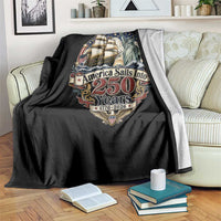America Sails Into 250 Years Vintage Nautical Graphic Throw Blanket Statue of Liberty Tall Ship 1776 to 2026 Semiquincentennial Patriotic