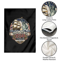 America Sails Into 250 Years Vintage Nautical Graphic Garden Flag Statue of Liberty Tall Ship 1776 to 2026 Semiquincentennial Patriotic