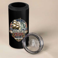 America Sails Into 250 Years Vintage Nautical Graphic 4 in 1 Can Cooler Tumbler Statue of Liberty Tall Ship 1776 to 2026 Semiquincentennial Patriotic