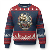 America Sails Into 250 Years Vintage Nautical Graphic Ugly Christmas Sweater Statue of Liberty Tall Ship 1776 to 2026 Semiquincentennial Patriotic