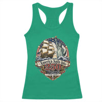 America Sails Into 250 Years Vintage Nautical Graphic Racerback Tank Top Statue of Liberty Tall Ship 1776 to 2026 Semiquincentennial Patriotic