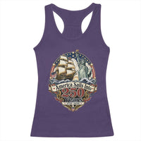 America Sails Into 250 Years Vintage Nautical Graphic Racerback Tank Top Statue of Liberty Tall Ship 1776 to 2026 Semiquincentennial Patriotic