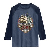 America Sails Into 250 Years Vintage Nautical Graphic Raglan Shirt Statue of Liberty Tall Ship 1776 to 2026 Semiquincentennial Patriotic