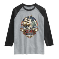 America Sails Into 250 Years Vintage Nautical Graphic Raglan Shirt Statue of Liberty Tall Ship 1776 to 2026 Semiquincentennial Patriotic
