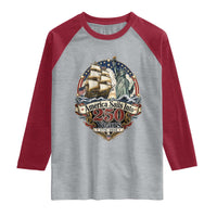 America Sails Into 250 Years Vintage Nautical Graphic Raglan Shirt Statue of Liberty Tall Ship 1776 to 2026 Semiquincentennial Patriotic