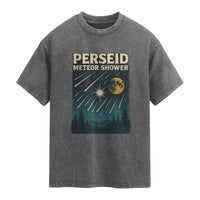 Vintage Perseid Meteor Shower Observer Washed Cotton T-Shirt Retro Celestial Stargazing Graphic