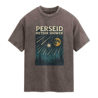 Vintage Perseid Meteor Shower Observer Washed Cotton T-Shirt Retro Celestial Stargazing Graphic
