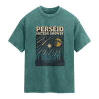 Vintage Perseid Meteor Shower Observer Washed Cotton T-Shirt Retro Celestial Stargazing Graphic